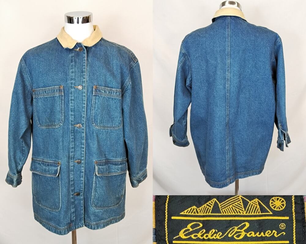 Vintage Eddie Bauer Lined Denim Jacket Mens L Corduroy Collar Aztec Print #J5970